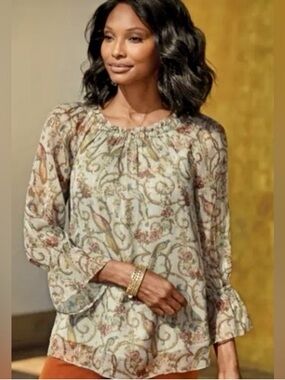 Soft Surroundings Blouse Aitana Peasant Boho Blouse Tunic Top Sage Small Birds